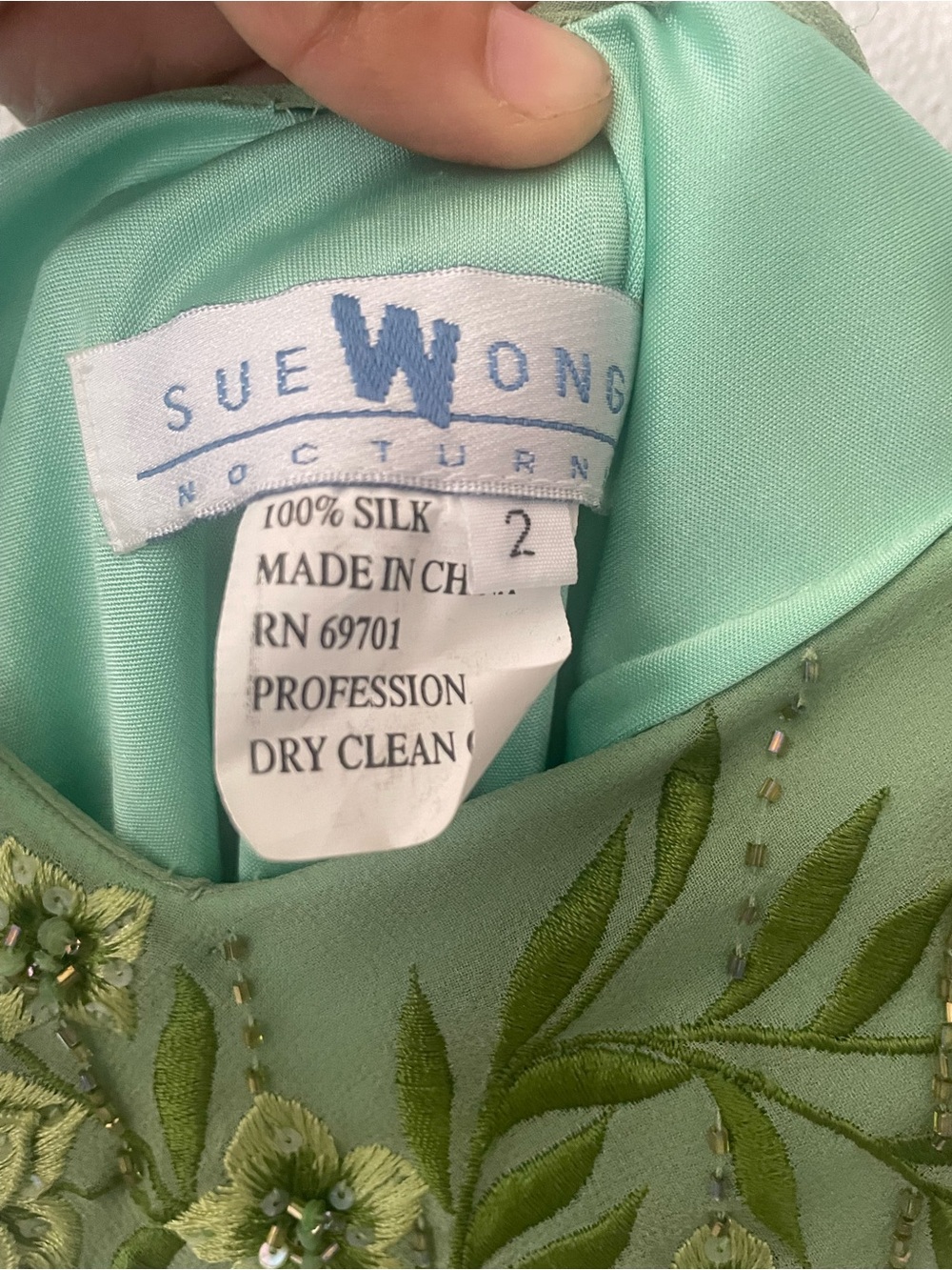 Rare VTG 100% Silk Sue Wong Fairy floral beaded Lime Green Dress w/ Silk Scarf - Picture 4 of 16